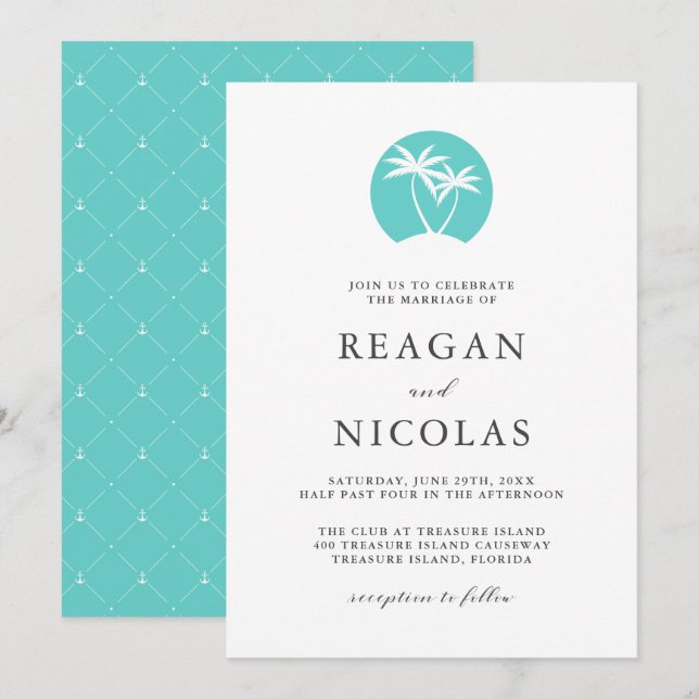 Aqua Palm Tree Logo Tropical Beach Wedding Einladung (Vorne/Hinten)