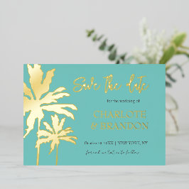 Aqua Palm Trees Beach Hochzeit Save the Date Gold Folieneinladung