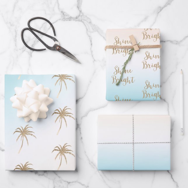 Aqua Peach Gold Tropical Palm Tree Geschenkpapier Set (Vorderseite)