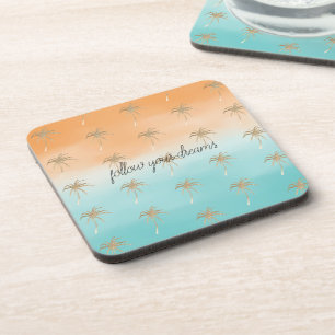 Aqua Peach Gold Tropical Palm Trees Ombre Getränkeuntersetzer