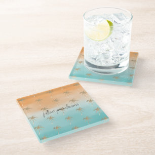 Aqua Peach Gold Tropical Palm Trees Ombre Glasuntersetzer