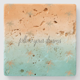 Aqua Peach Gold Tropical Palm Trees Ombre Steinuntersetzer