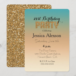 Aqua Peach Sunset Ombre Gold Glitzer Einladung