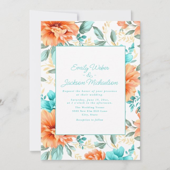 Aqua Peach Wassercolor Blumenzwiebelhochzeit Einladung (Vorderseite)