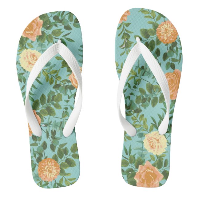 Aqua Peach Wedding Floral Rose Flip Flops (Fußbett)