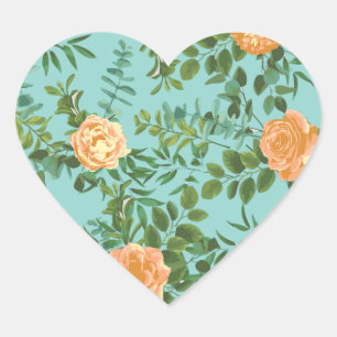 Aqua Peach Wedding Floral Rose Herz-Aufkleber