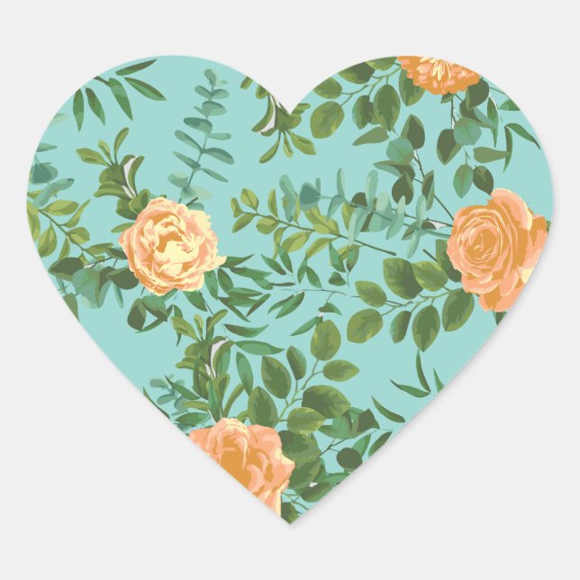 Aqua Peach Wedding Floral Rose Herz-Aufkleber (Vorderseite)