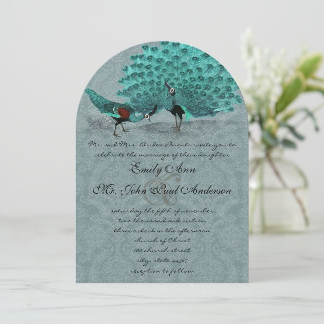 Aqua Peacock Elegante Linen Pearl Einladung (Stehend Vorderseite)
