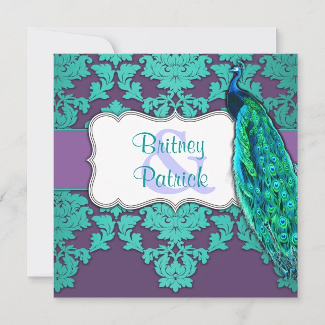 Aqua Peacock & Lila Damask Hochzeiten Einladung (Vorderseite)