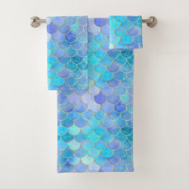 Aqua Pearlescent & Gold Mermaid Scanner Muster Badhandtuch Set