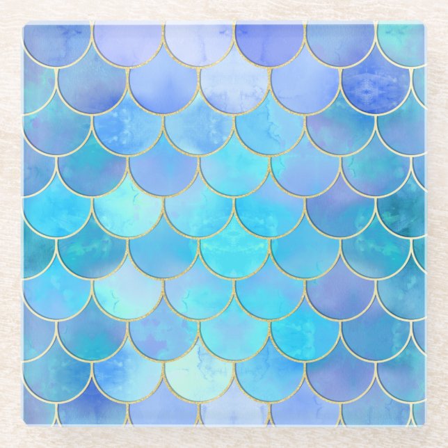 Aqua Pearlescent & Gold Mermaid Scanner Muster Glasuntersetzer (Vorderseite)