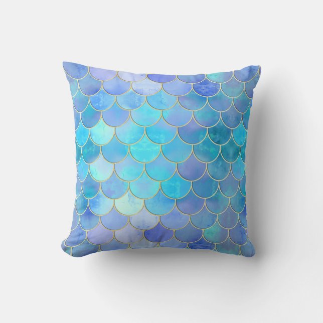 Aqua Pearlescent & Gold Mermaid Scanner Muster Kissen (Vorderseite)