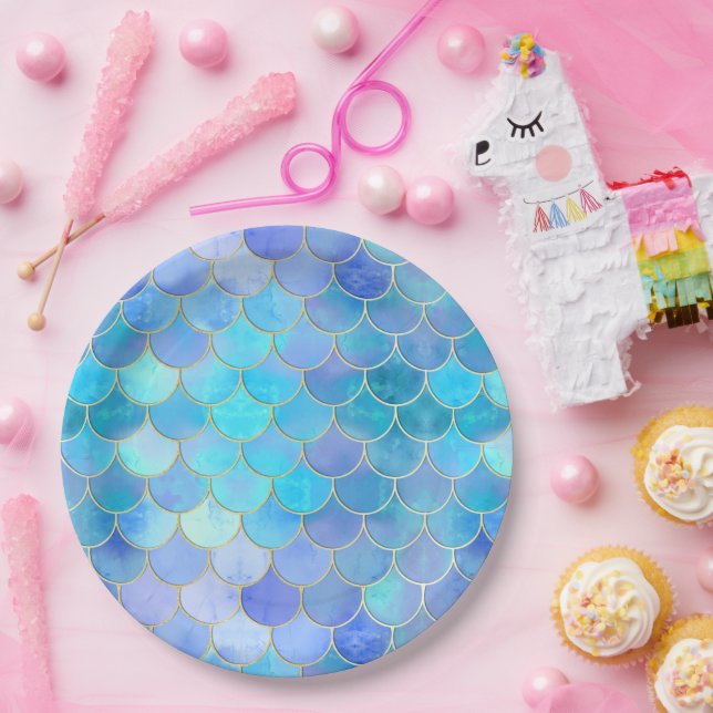 Aqua Pearlescent & Gold Mermaid Scanner Muster Pappteller (Party)