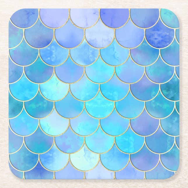Aqua Pearlescent & Gold Mermaid Scanner Muster Rechteckiger Pappuntersetzer (Vorderseite)