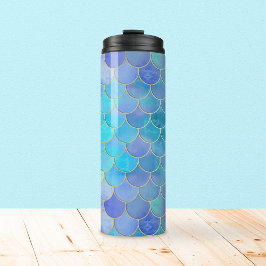 Aqua Pearlescent & Gold Mermaid Scanner Muster Thermosbecher