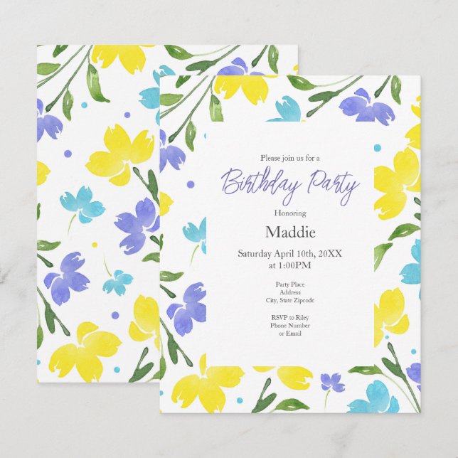 Aqua, Periwinkle, Gelbe Aquarellfarben, Blume Einladung (Vorne/Hinten)