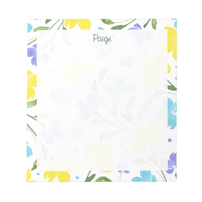 Aqua Periwinkle Yellow Watercolor Blume Stems Notizblock (Vorderseite)