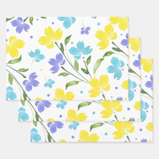 Aqua Periwinkle Yellow Watercolor Floral Stems Geschenkpapier Set (Set)