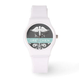AQUA PERSONALISIERT NURSE RN CADUCEUS CHALKBOARD ARMBANDUHR