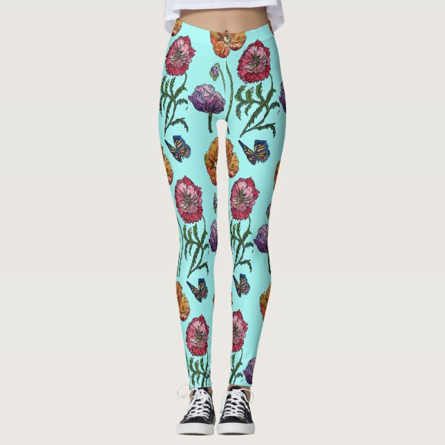 Aqua Petits pavot à l'aquarelle florale Leggings (Devant)
