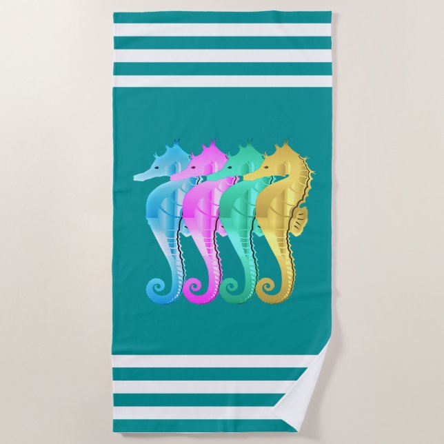 Aqua/pink/blau/goldfarbenes Seepferd Badetuch (Vorderseite)