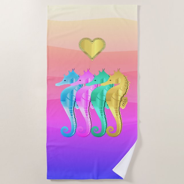 Aqua/pink/blau/goldfarbenes Seepferd Badetuch (Vorderseite)