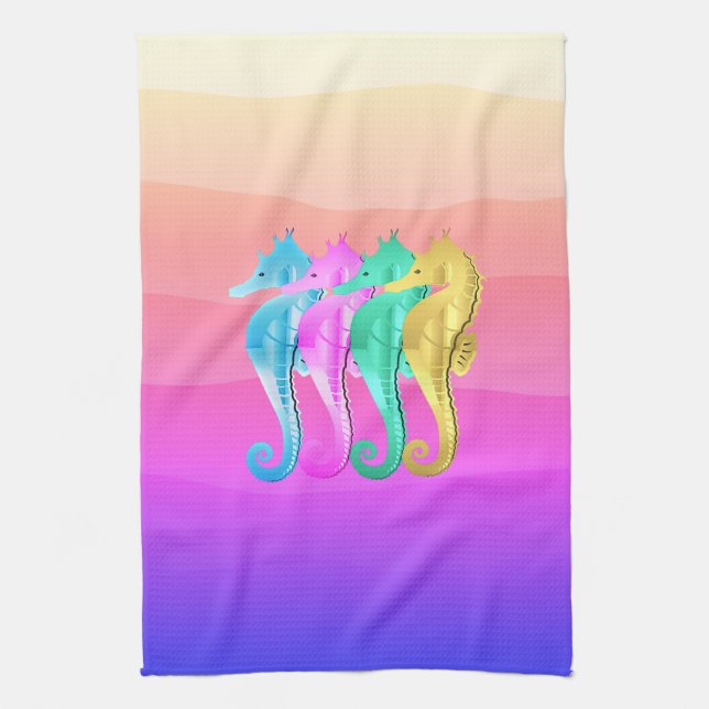 Aqua/pink/blau/goldfarbenes Seepferd Badetuch Geschirrtuch (Vertikal)