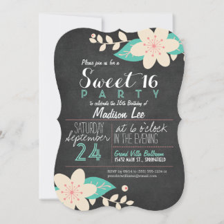 Aqua & Pink Blumenkhalkboard Sweet 16 Party Einladung