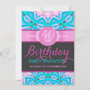 Aqua Pink Bohemian 40th Birthday Invitation