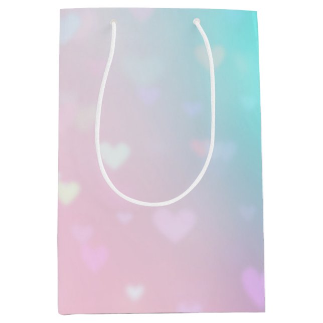 Aqua Pink Bokeh Hearts Birthday Mittlere Geschenktüte (Vorderseite)