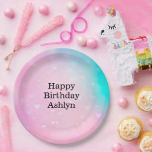 Aqua Pink Bokeh Hearts Birthday Pappteller