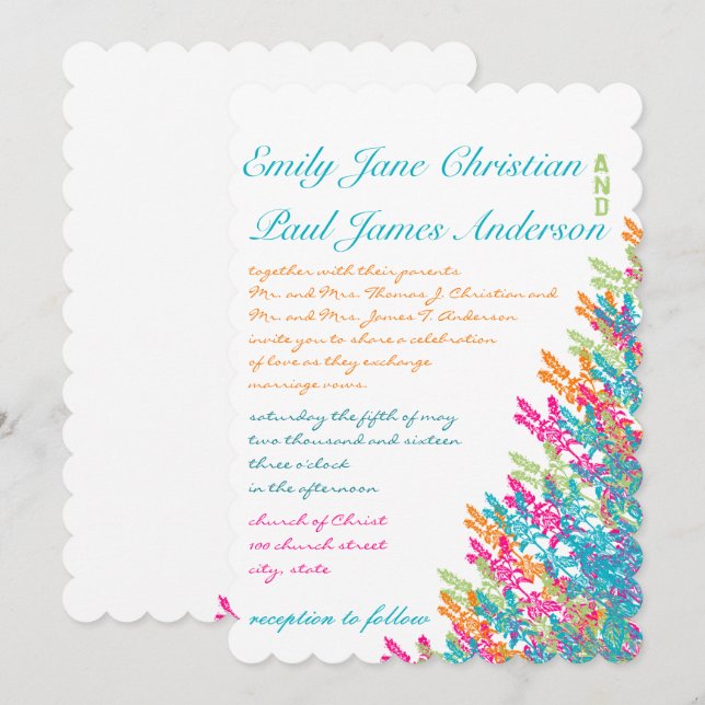 Aqua Pink Coral Limon Floral Wedding Einladungen (Vorne/Hinten)