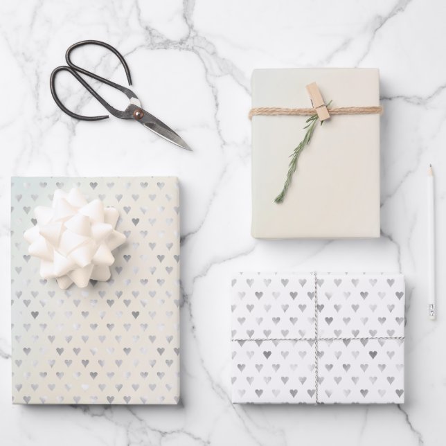 Aqua Pink Cream Gefärbte Krawatte Silberherz Geschenkpapier Set (Vorderseite)