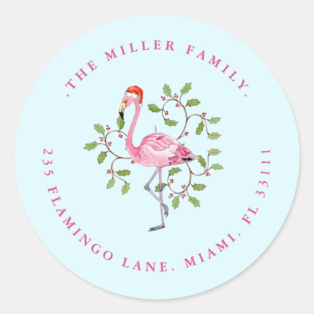 Aqua & Pink Flamingo Holiday Address Siegel Runder Aufkleber (Vorderseite)