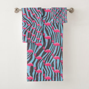 AQUA PINK FLAMINGO ZEBRA PRINT BADEZIMMER TOWEL SE BADHANDTUCH SET