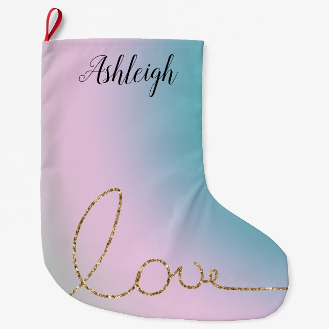 Aqua Pink Gefärbte Krawatte Ombre Gold Glitzer Lie Großer Weihnachtsstrumpf (Vorderseite)