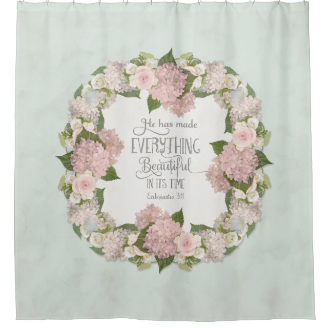 Aqua Pink Hydrangea-Schrift Illustrierter Glaube Duschvorhang (Vorderseite)