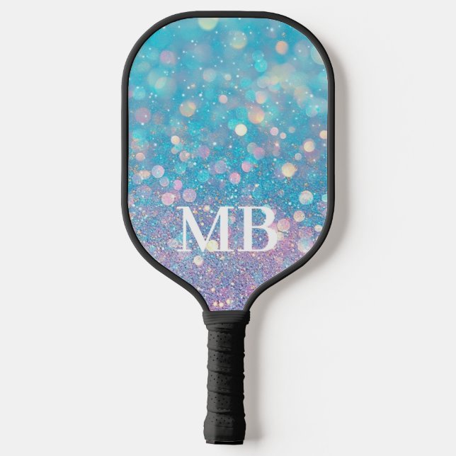 Aqua Pink Pastell Glitzer Sparkle Glam Monogram Pickleball Schläger (Rückseite)