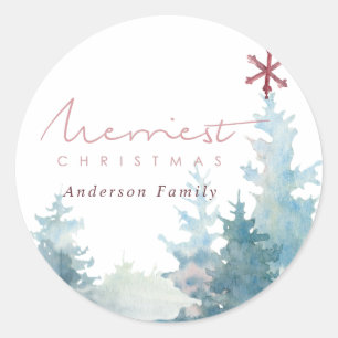 AQUA PINK SNOWY FOREST STAR PINE BAUCHRISTMAS RUNDER AUFKLEBER