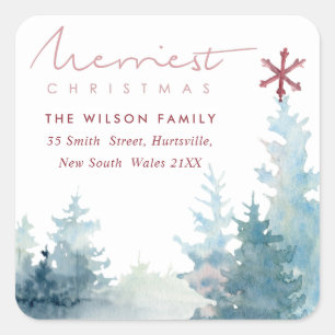 AQUA PINK SNOWY FOREST STAR PINE CHRISTMAADRESSE QUADRATISCHER AUFKLEBER