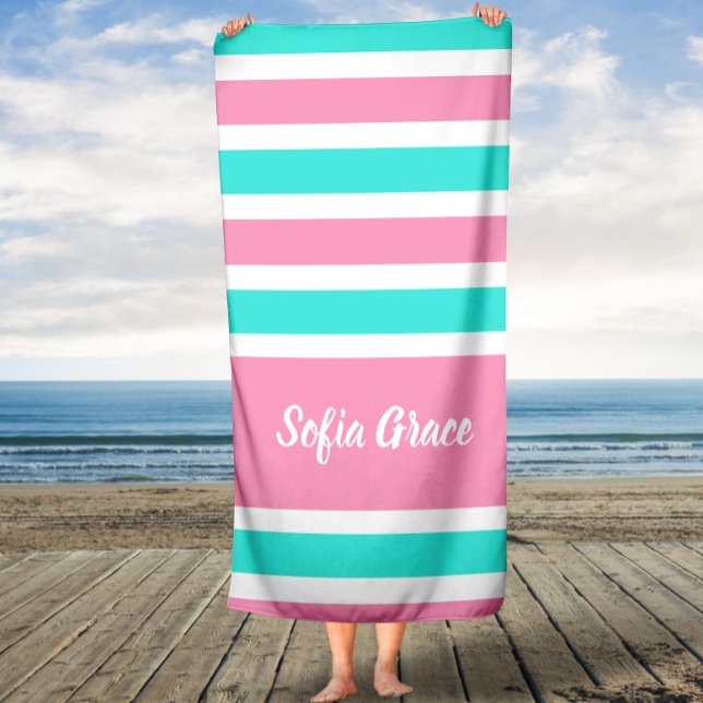 Aqua Pink Stripes Nom du script Serviette de bain (Créateur téléchargé)