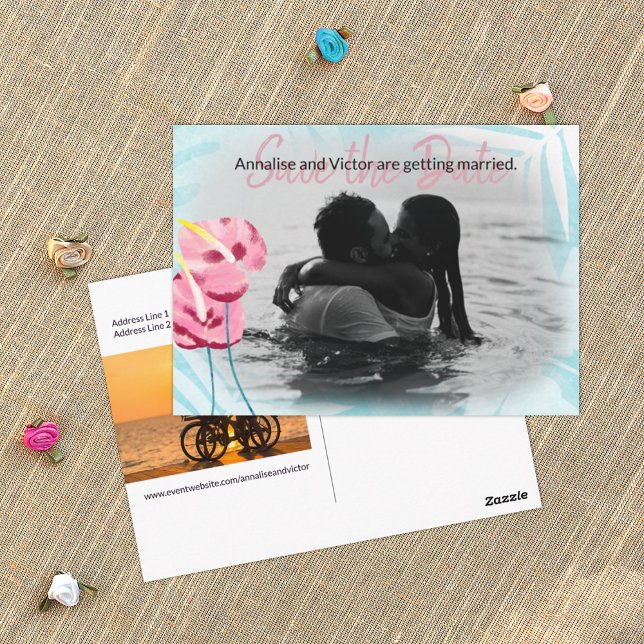 Aqua Pink Tropical Gumdrops Rett-the-Date-Postkart Postkarte (turquoise and pink tropical wedding save the date postcard, pink gumdrops, Hawaiian flowers theme)