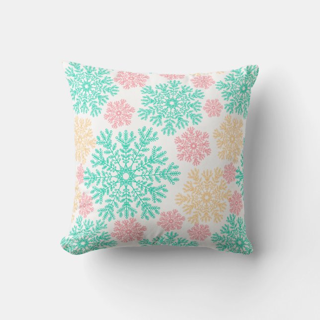 Aqua Pink und Gold Schneeflocken Muster Kissen (Vorderseite)