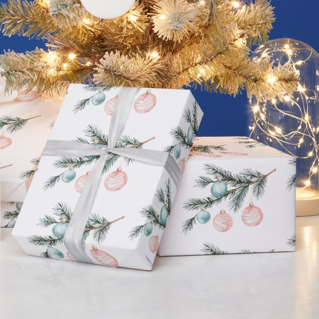 Aqua Pink Weihnachtsbaum Zweigstelle Ornamente Geschenkpapier (Feiertage)