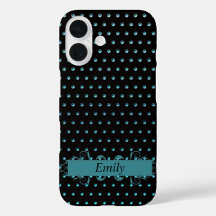 Aqua Polka Punkte mit Namen iPhone 16 Hülle