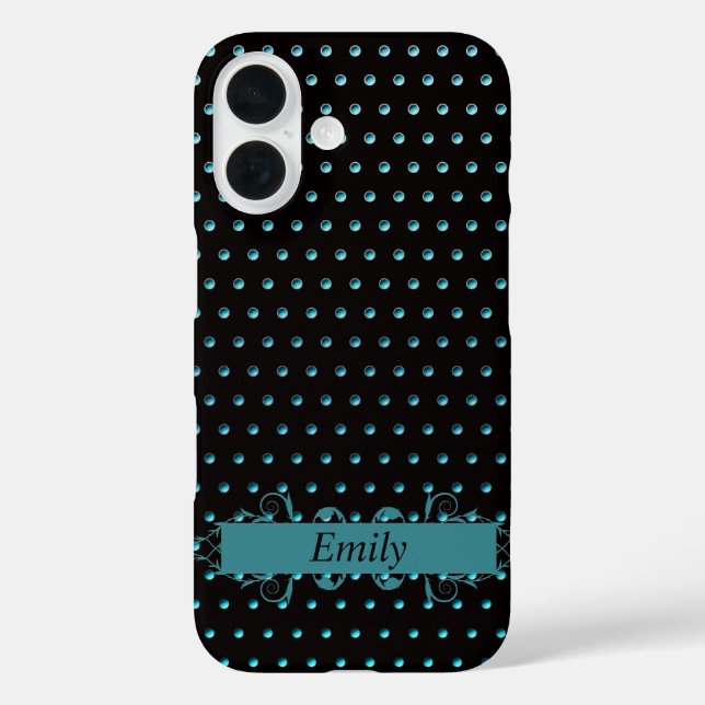 Aqua Polka Punkte mit Namen iPhone 16 Hülle (Rückseite)