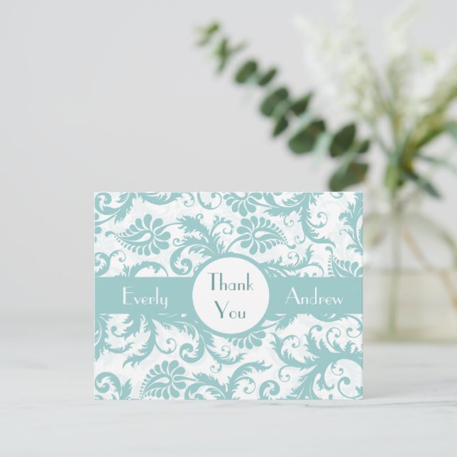 Aqua Pool Blue Damask Wirbel Hochzeit Einladung (Stehend Vorderseite)