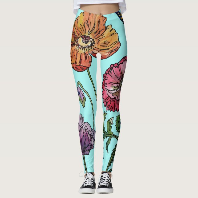 Aqua Poppy Floral Leggings (Vorderseite)