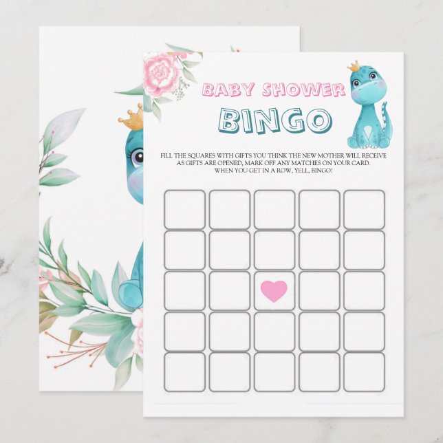 Aqua Princess Dinosaurs Peony Baby Shower Bingo (Vorne/Hinten)