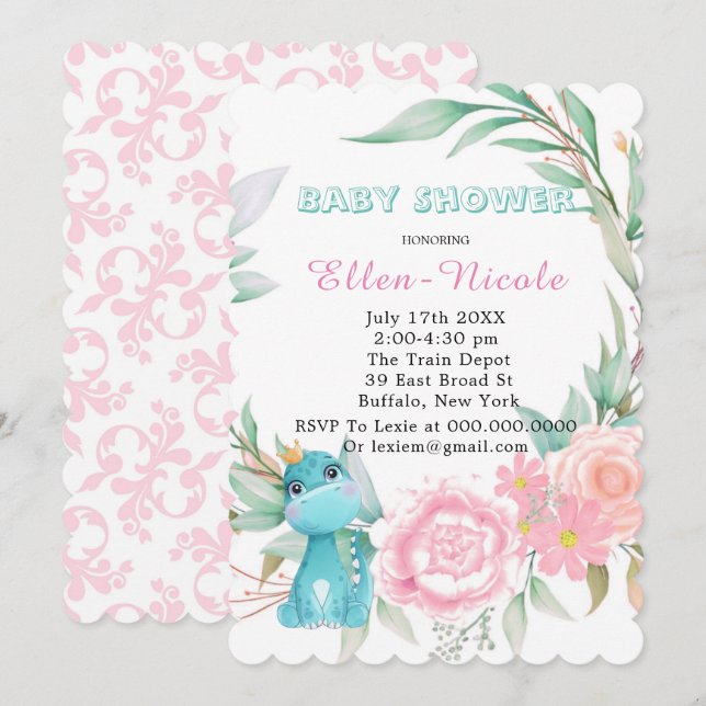 Aqua Princess Dinosaurs Peony Baby Shower lädt ein Einladung (Vorne/Hinten)